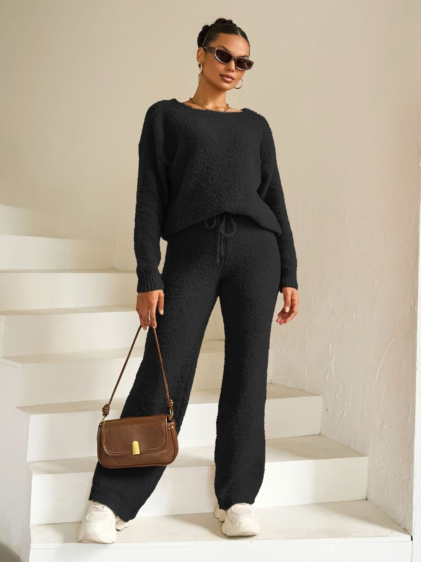 Autumn Winter Solid Color Women's Round Neck Long Sleeve Fleece Top Trousers Two Piece Set 8
