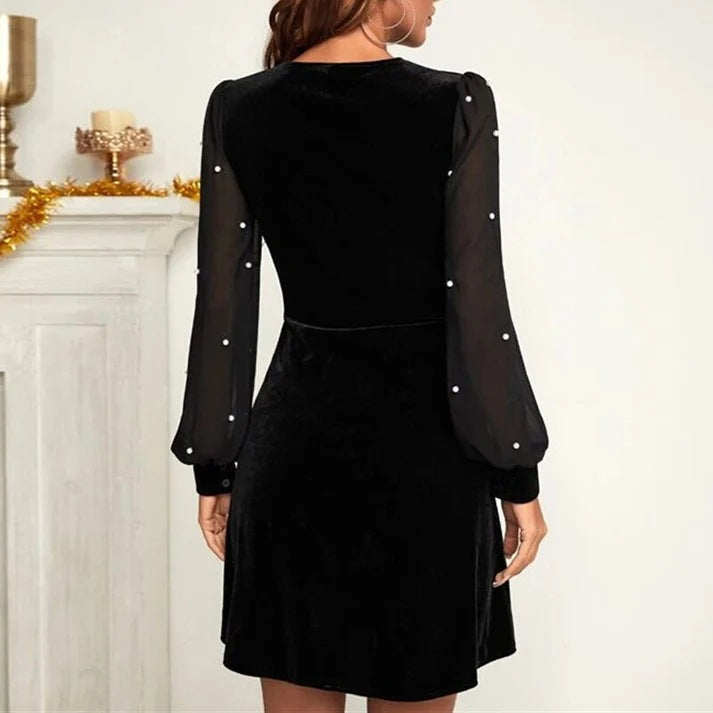 Women autumn and winter sexy v-neck velvet chiffon patchwork long sleeve dress