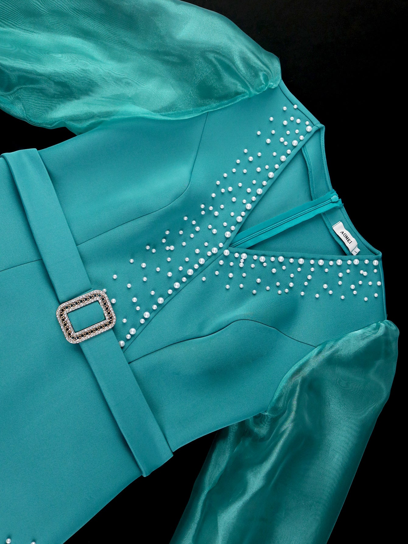 Fashion V-Neck See-Through Puff Sleeve High Waist Midi Dress 8