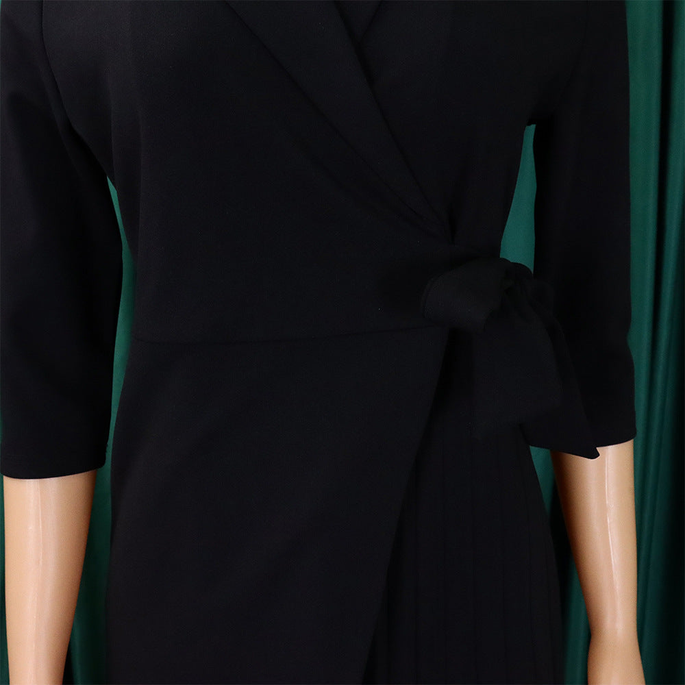 Plus Size Women's Fashion Turndown Collar Fashion Lace-Up Slim Waist Pleated African Dress 32