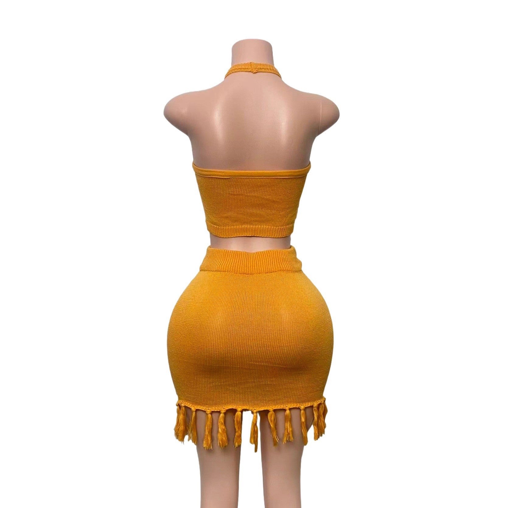 Women multi-color striped hollowed-out knitting halter neck top with tassel bodycon skirt, two-piece set. 12