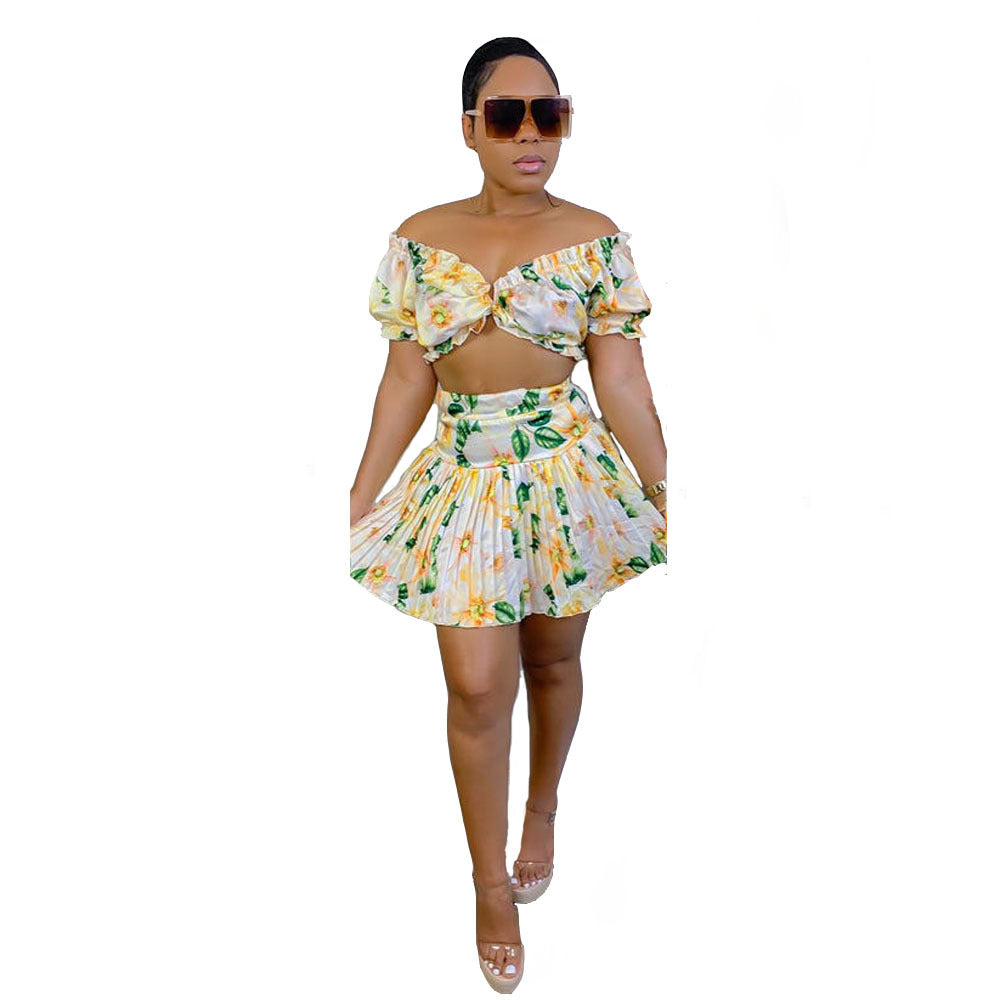 Floral Printed Ruffle Off Shoulder Short Sleeve Top + Pleated Skirt Two Piece Set 5
