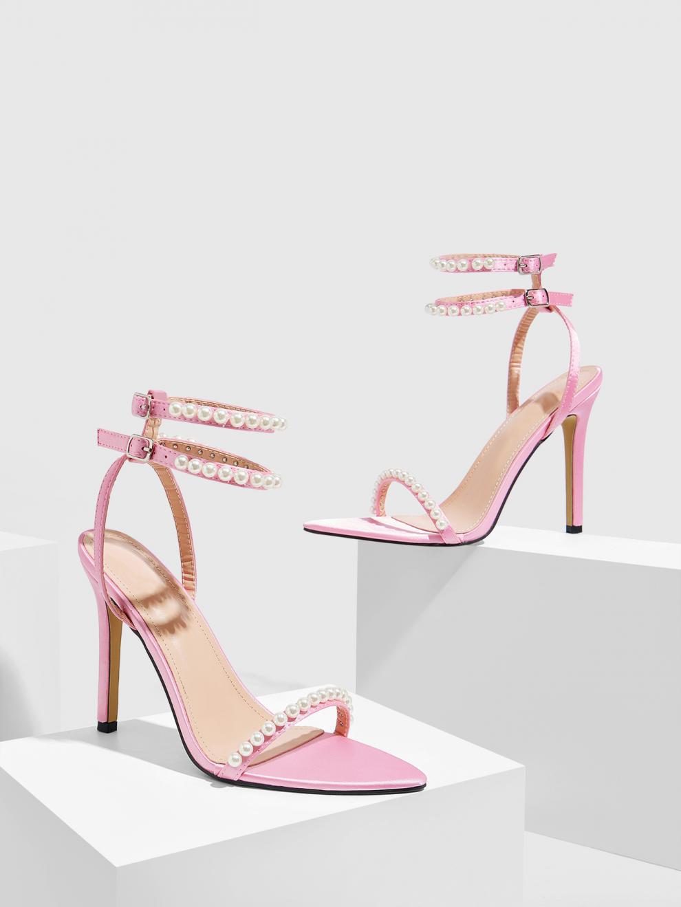 Pearl Ankle Strap Pink Summer High Heels 7