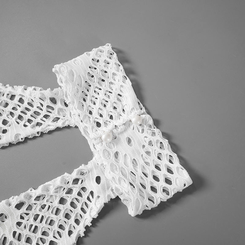 Women Summer Solid Sexy Round Neck Mesh Sleeveless See-Through Lace-Up Dress 14