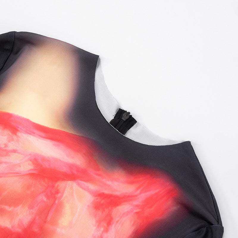 Women Body Painting Print Round Neck Long Sleeve Leg-Connected Jumpsuit 18