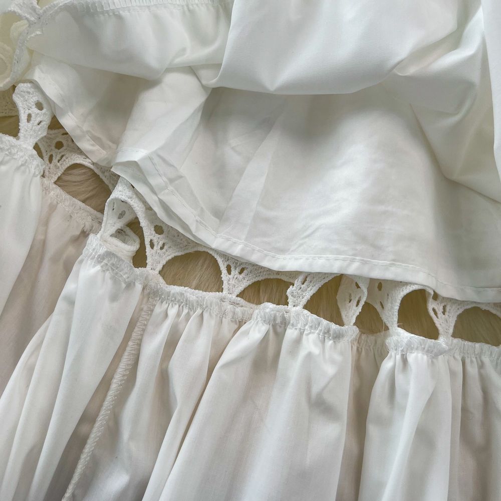 Spring Autumn Retro Chic Lantern Long Sleeve Lace Hollow Patchwork Round Neck Slim Waist Casual Dress 24