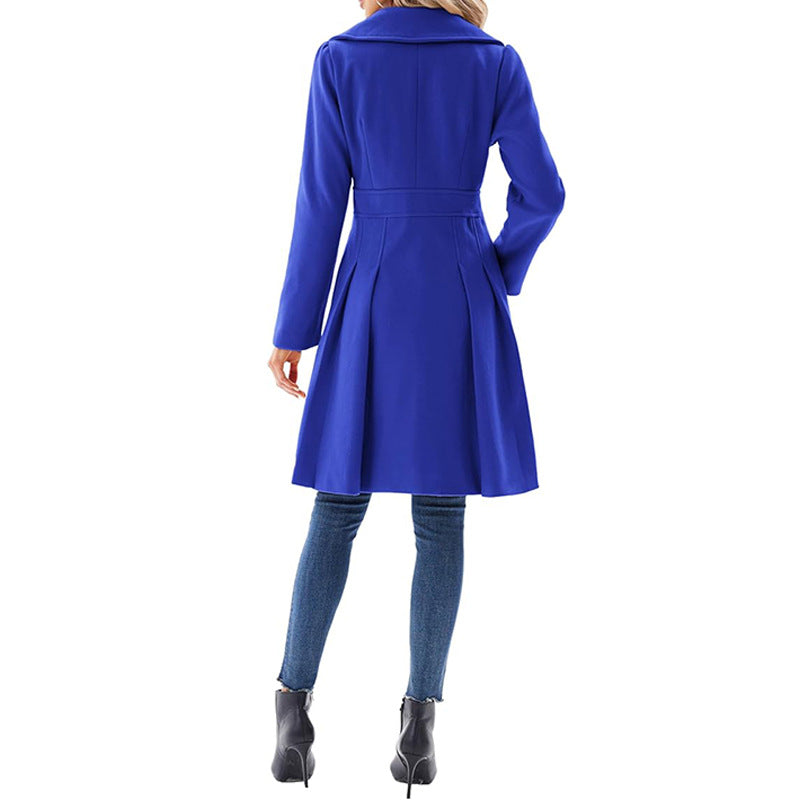 Women Fall and Winter Turndown Collar Double-Breasted Pocket Windbreaker 94