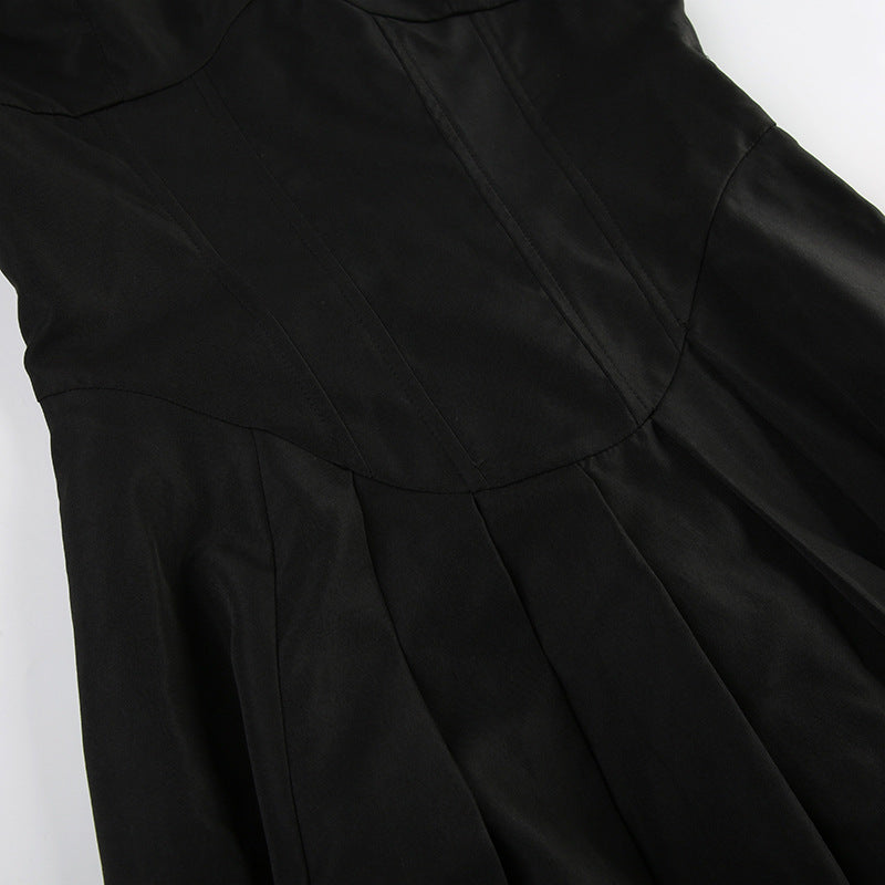 Chic Solid Color Black Strap Slim A-Line Long Dress 11