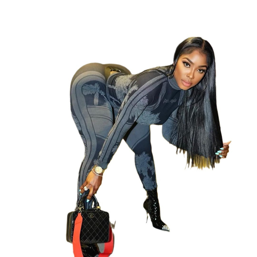 Women's Irregular Printed Tight Fitting Long Sleeve Tops And Pants Casual Two Piece Set 6