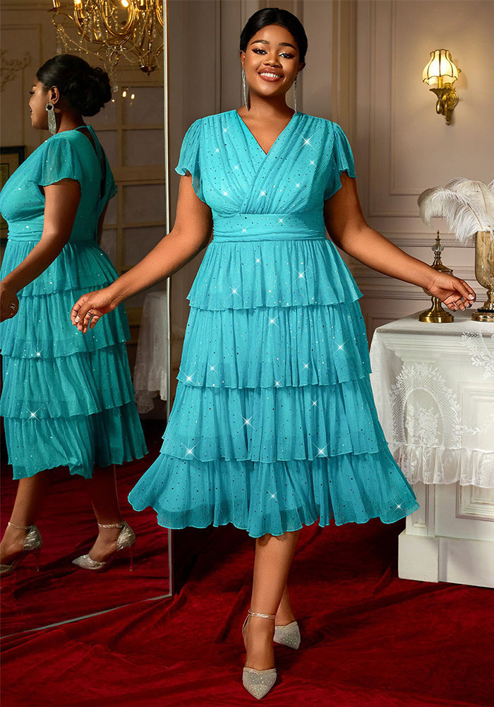 Plus Size V-Neck Sequin Cascading Ruffle High-Waist Party Dress Birthday Outfit