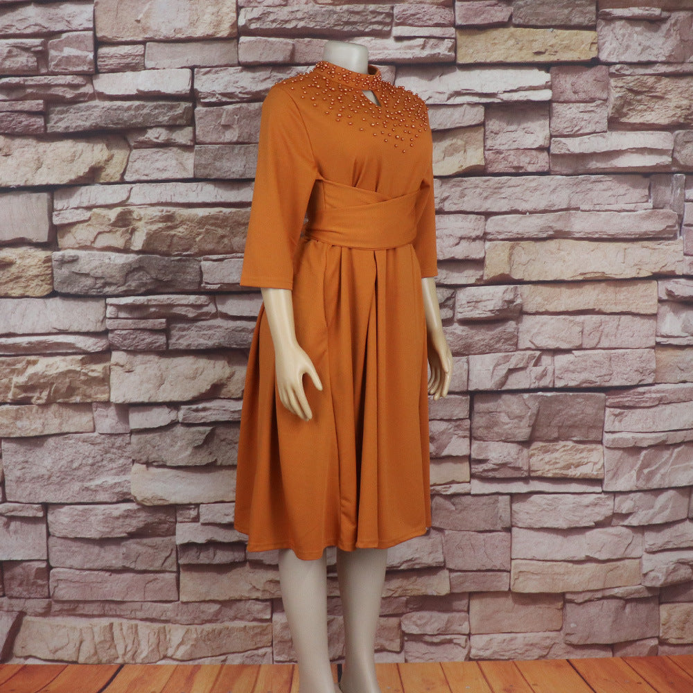 Women African Elegant Stand Collar Beaded Belt Pocket Dress 12