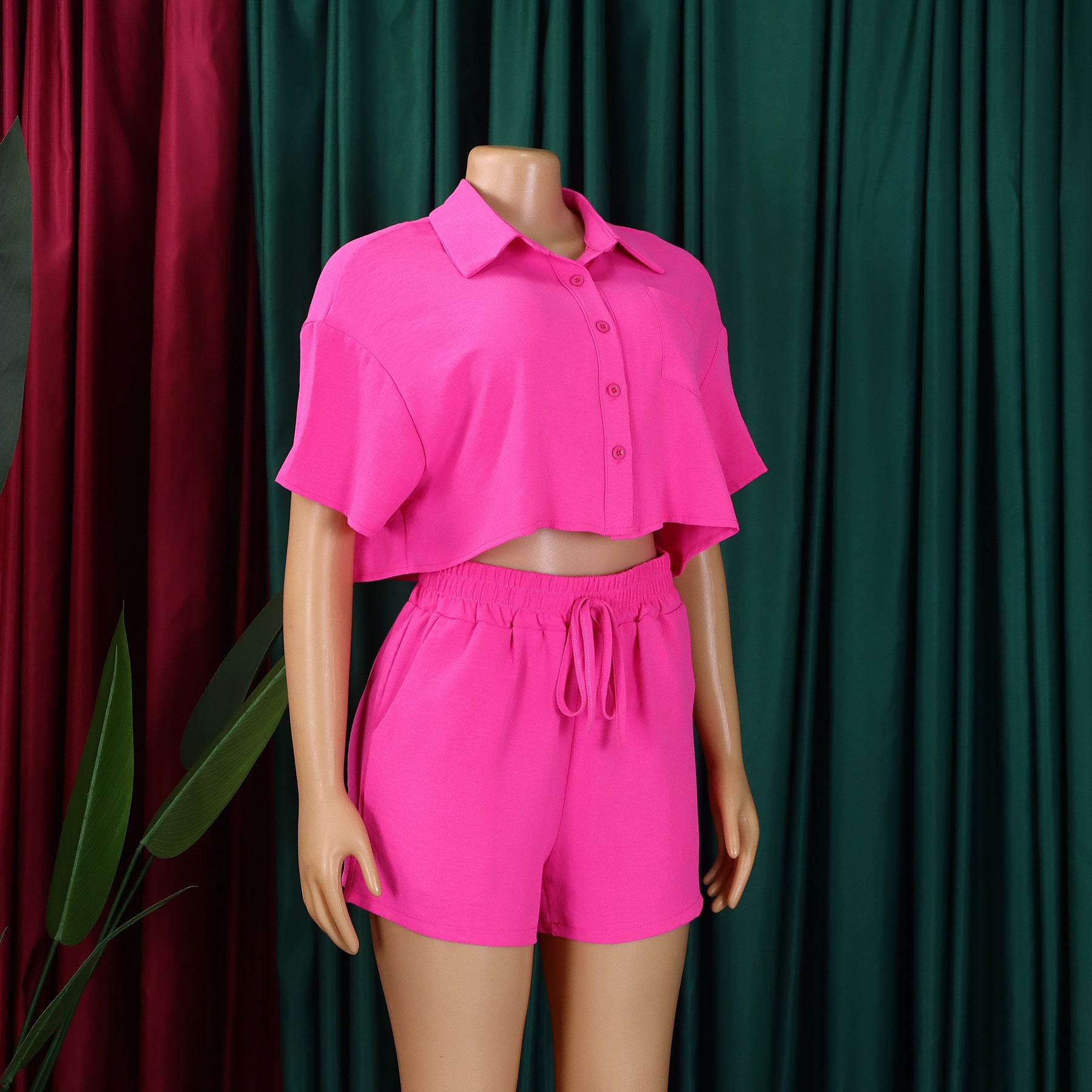 Women's Summer Casual Turndown Collar Short Sleeve Shirt Shorts Fashionable African Two Piece Set 22