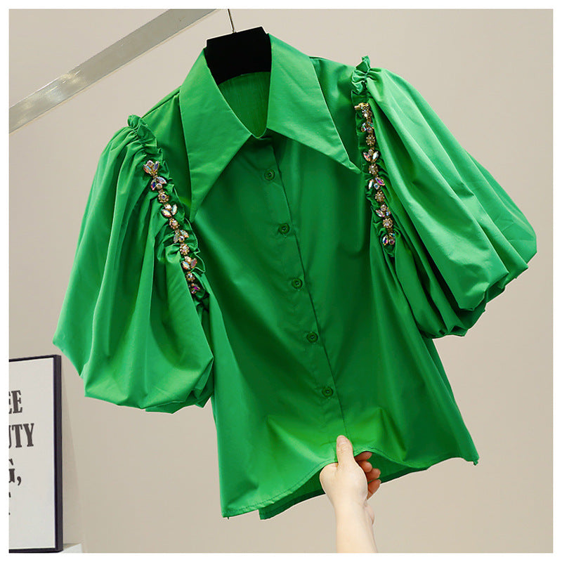 Embellished Rhinestone Chain Fashion Slit Retro Puff Sleeve Shirt 7