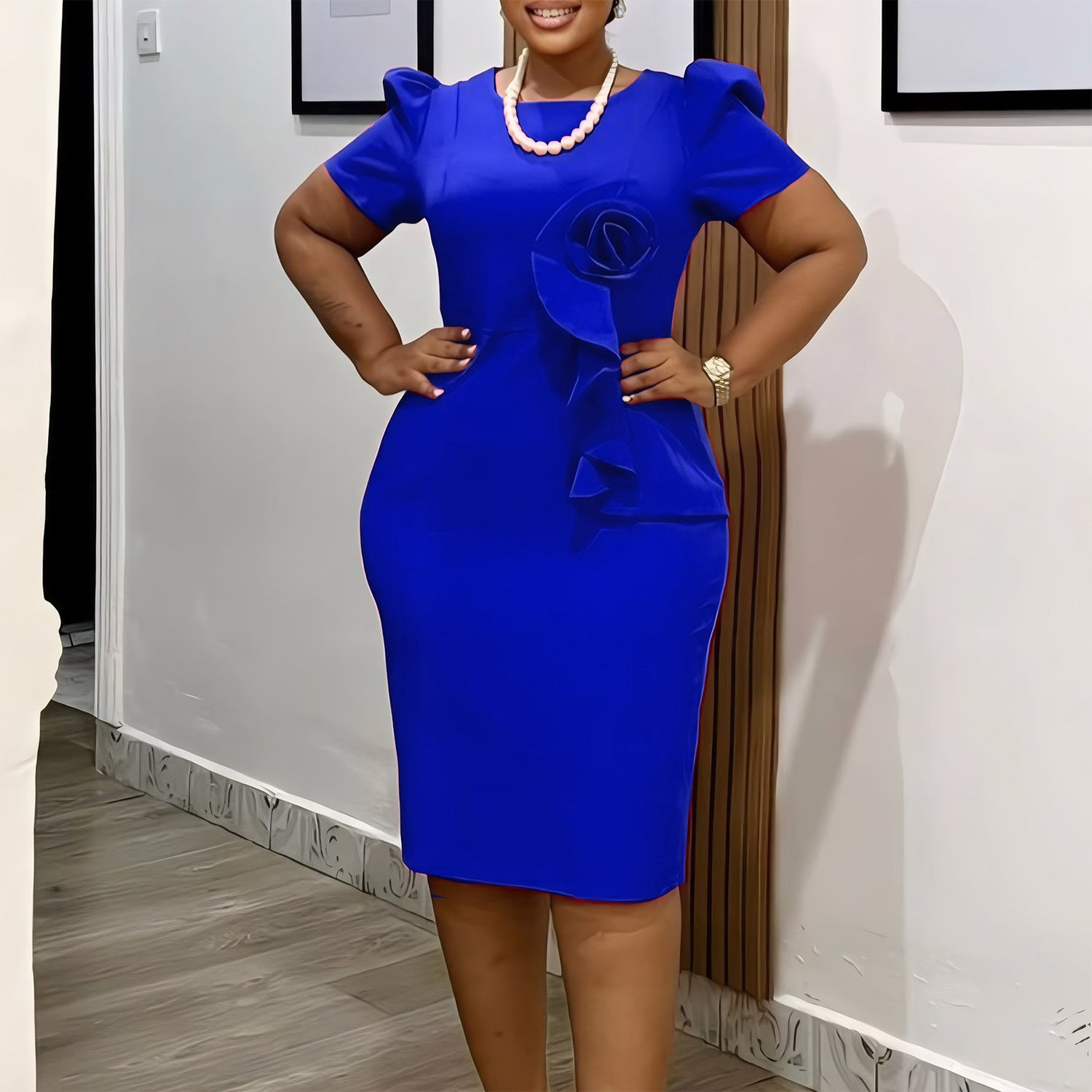 Women's fashion elegant bodycon ruffle solid color short sleeve African dress