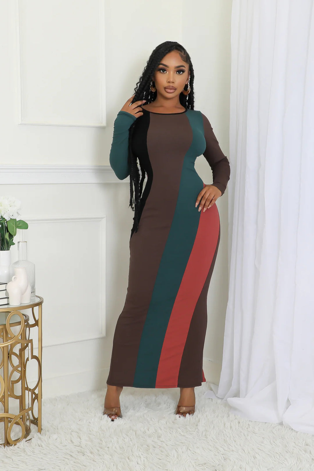 Women's Fashion Multi-Color Patchwork Long-Sleeved Ribbed Casual Dress 7