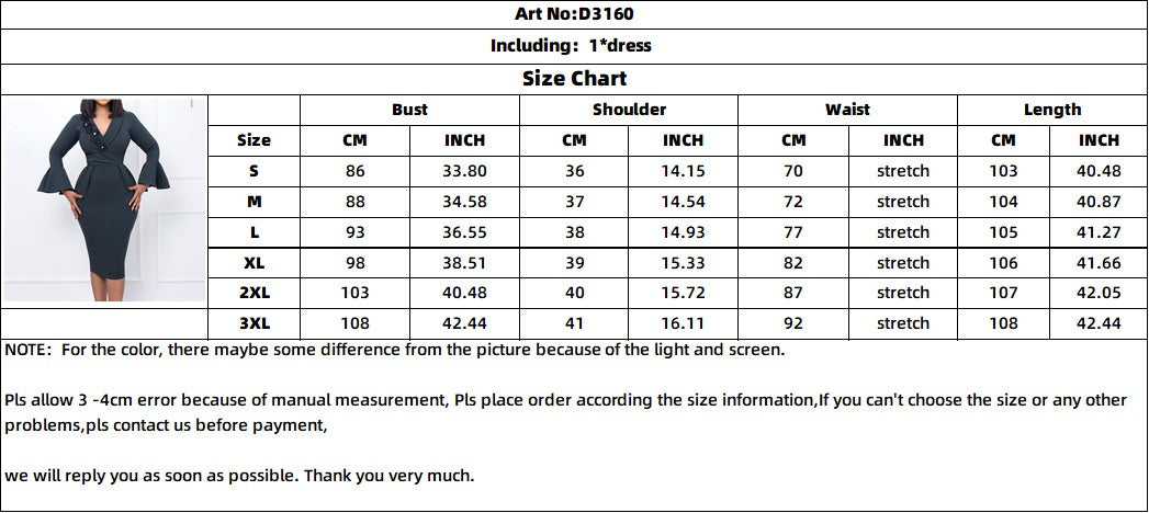 Women's Fall Winter V-Neck Chic Elegant Bell Bottom Sleeve Slit Bodycon Dress 8