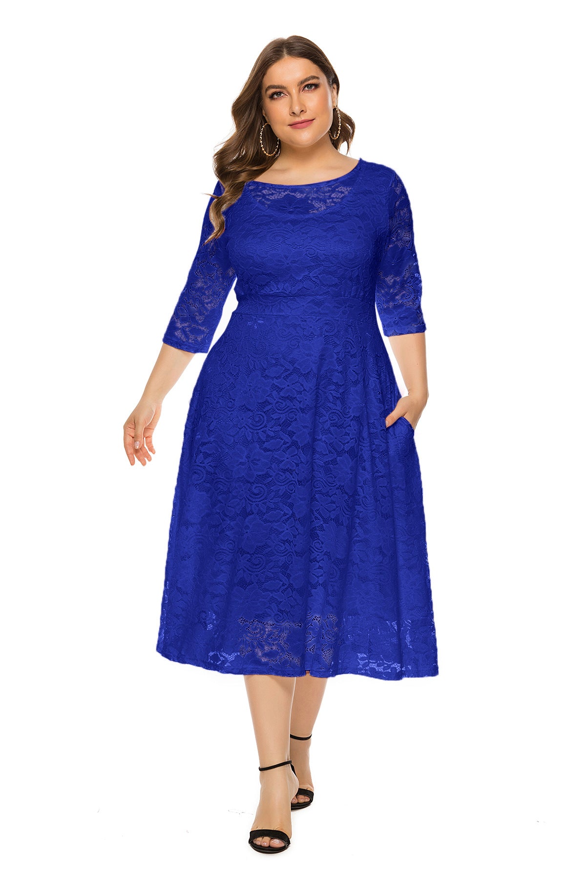 Plus Size Evening Dress Mid Length Cutout Lace Pocket Dress 28