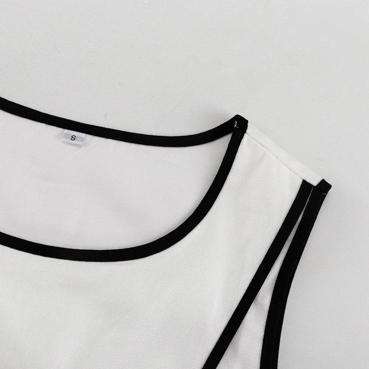 Women contrast color cross round neck sleeveless top Slit trousers two-piece set 11