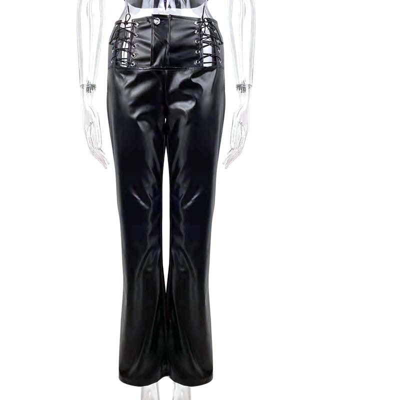 Women Sexy Halter Neck Lace-Up Top and Pu-Leather Pants Two-Piece Set 15
