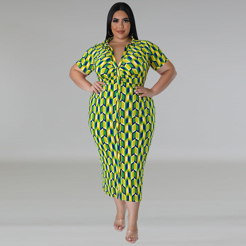Plus Size Women Button Turndown Collar Plaid Short Sleeve Maxi Dress