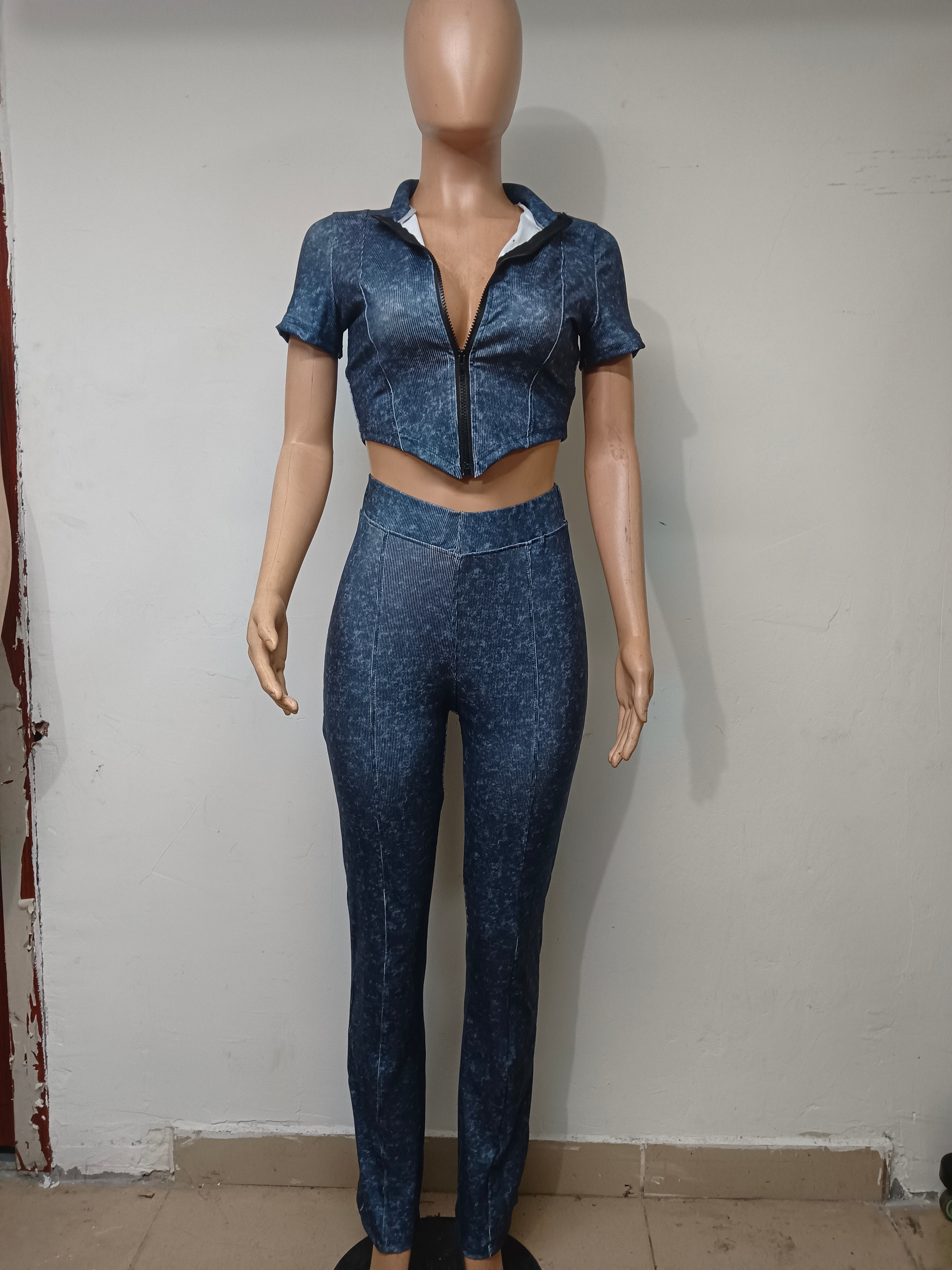 Women Printed Short Sleeve Zipper Top And Bell Bottom Pant Two-piece Set 12