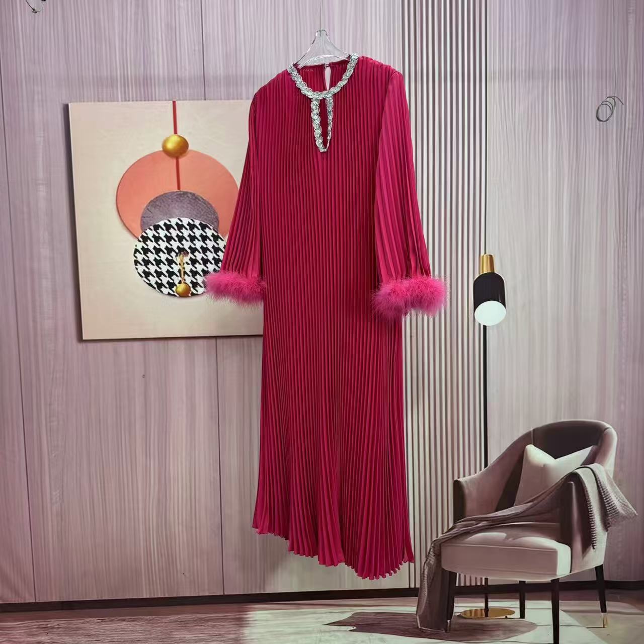 Plus Size Women Round Neck Ostrich Feather Dress 6