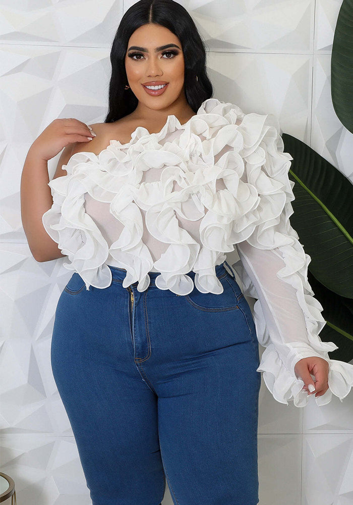 Plus Size Women's Slash Shoulder Long-Sleeved Sexy Solid Color See-Through Mesh Top