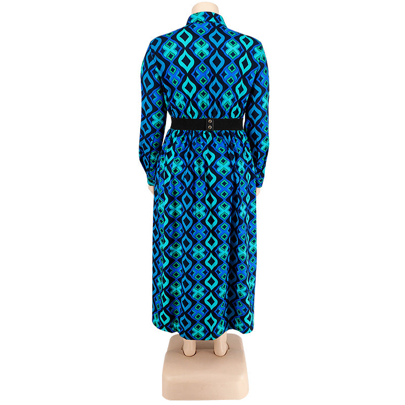 Plus Size Women Fall Long Sleeve Printed Casual Shirt Dress with Belt 13