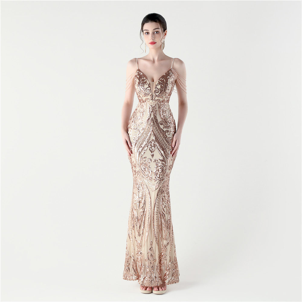 Sequin Beaded Fishtail Evening Dress Deep V Neck Formal Party Gown 11