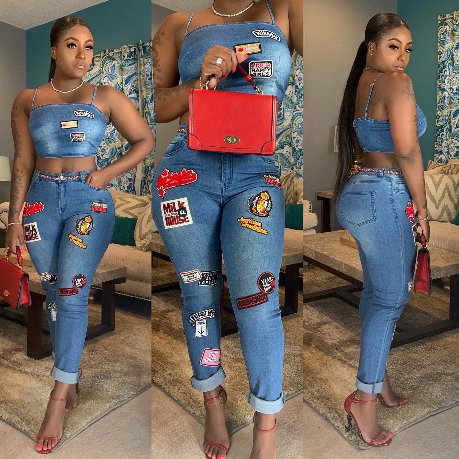Women Sexy Cartoon Denim Top and Pant Set 7