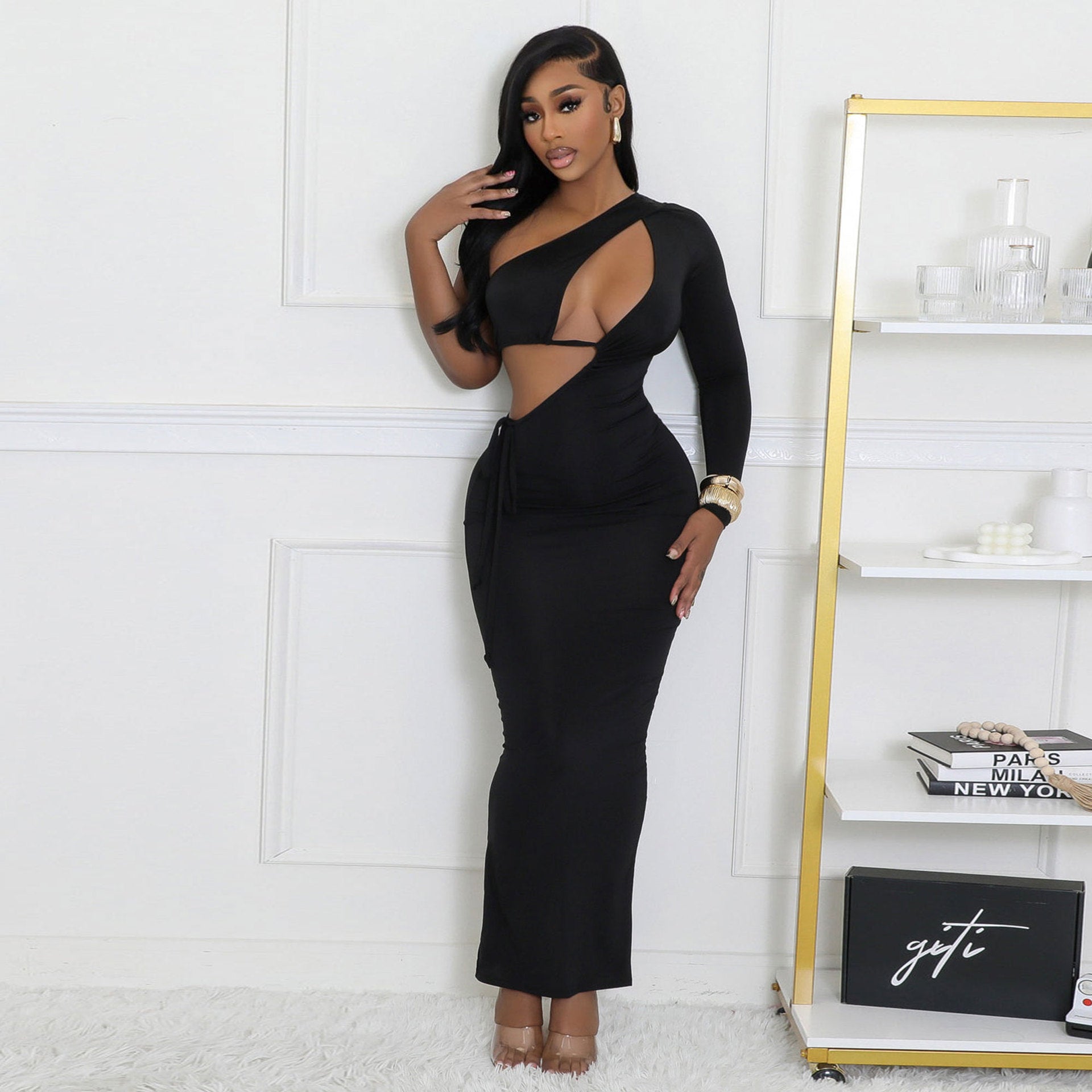 Autumn Winter One Shoulder Long Sleeve Open Waist Tight Fitting Dress 4