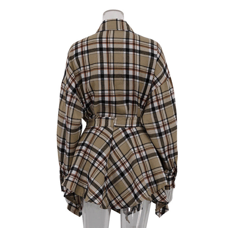 Women American long-sleeved plaid shirt irregular skirt two-piece set 8