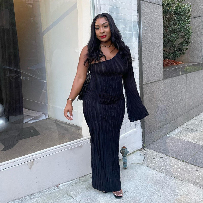 Plus Size Women Fall Slash Shoulder One Sleeve Sexy Dress 4