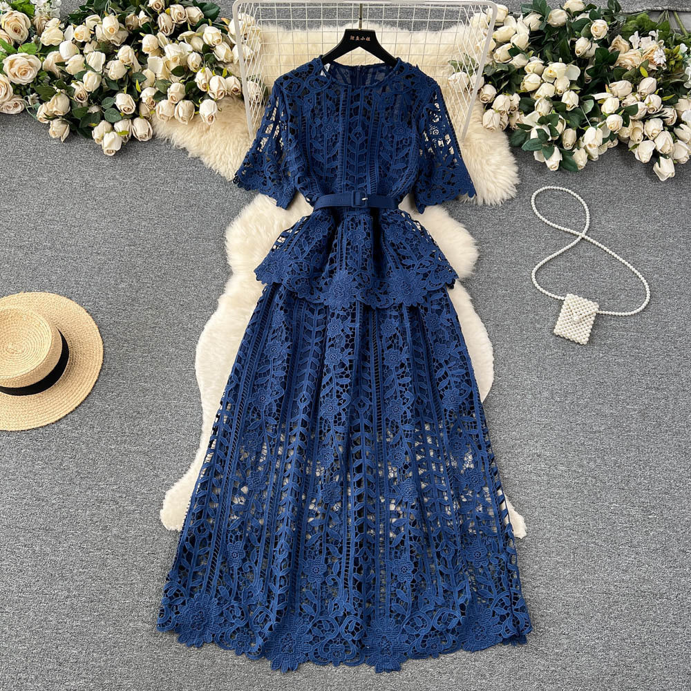 Women French-Style Short-Sleeved Openwork Lace Dress 6
