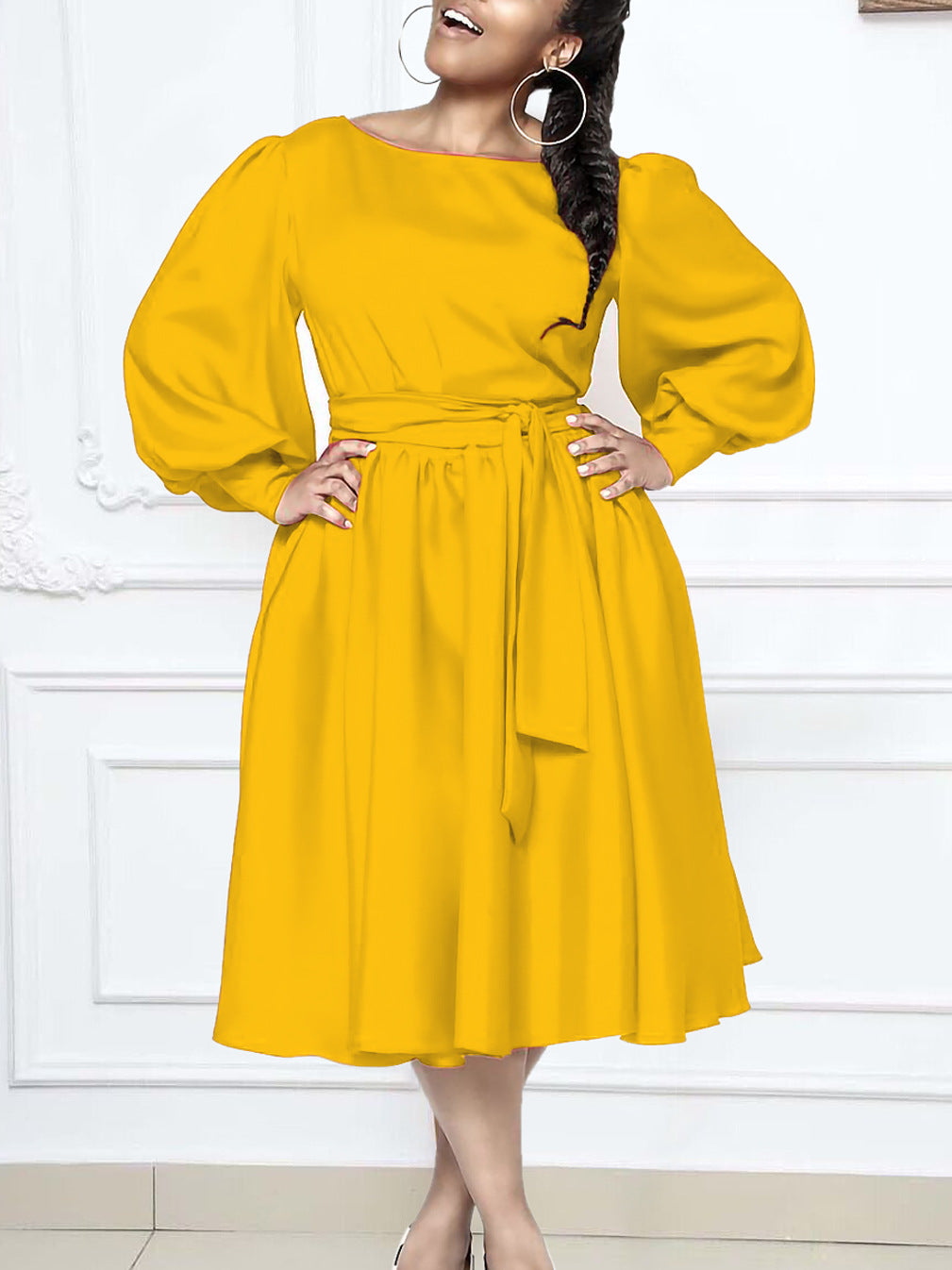 Women's Long Sleeve Round Neck Lace-Up Solid Color A-Line Dress 6