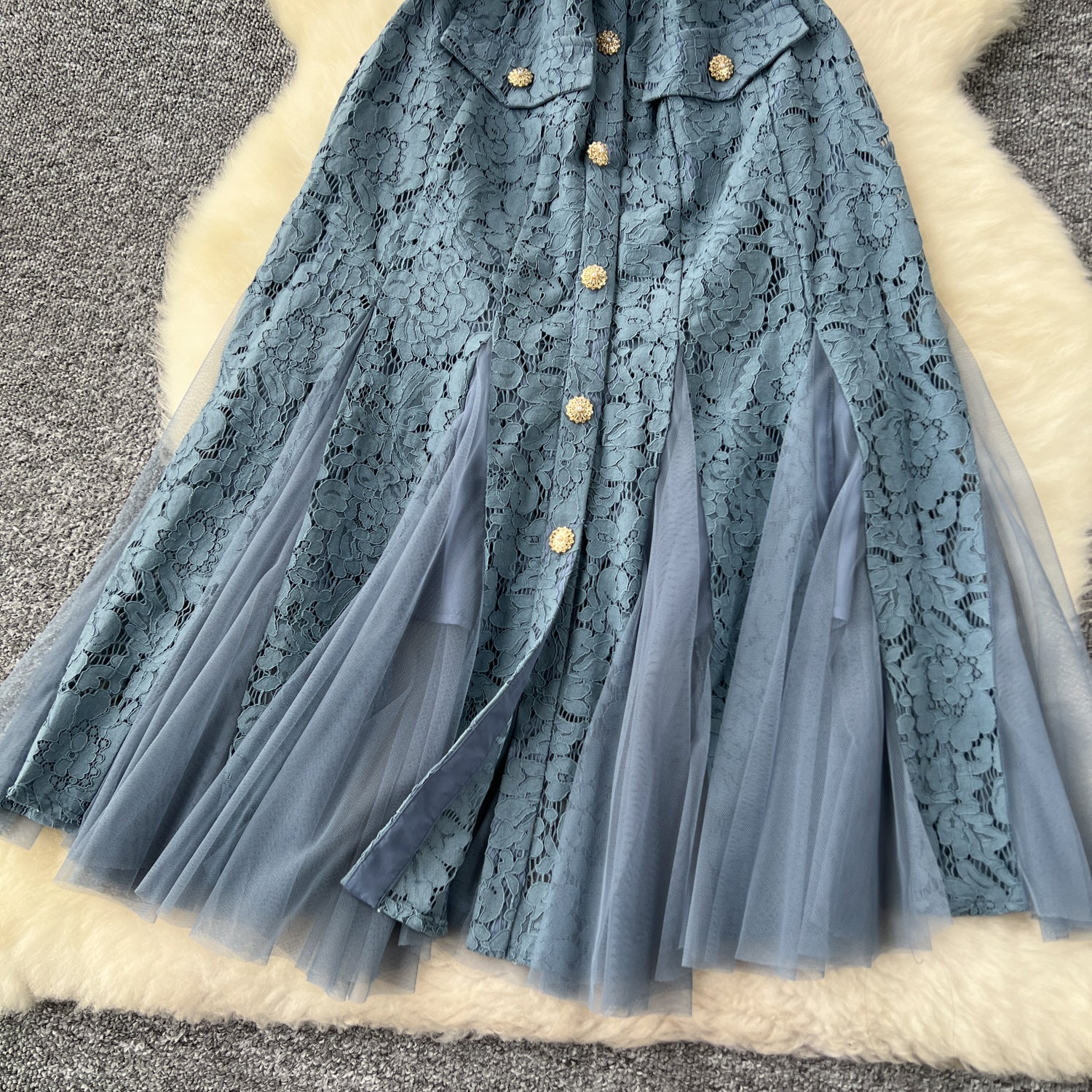 Women French V-Neck Metal Buttoned Mesh Patchwork Lace Ruffle Dress 11