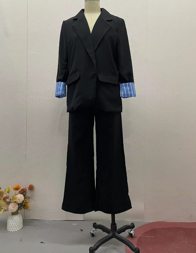 Autumn Fashion Turndown Collar Striped Coat Pants Chic Suit 9