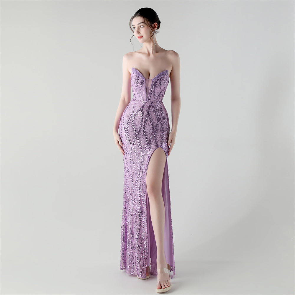 Fishbone Slim Waist Heart Neck Sequin Evening Dress Luxury Formal Party Gown 4