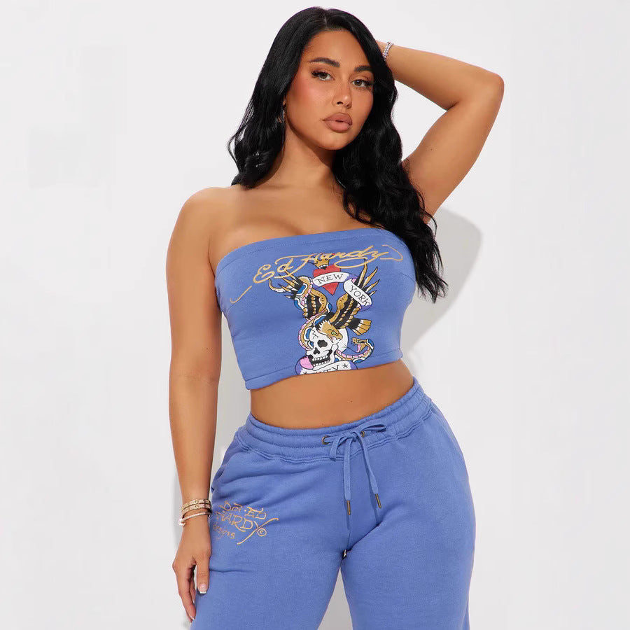 Women Sexy Strapless Top Trousers Two Piece Set 7