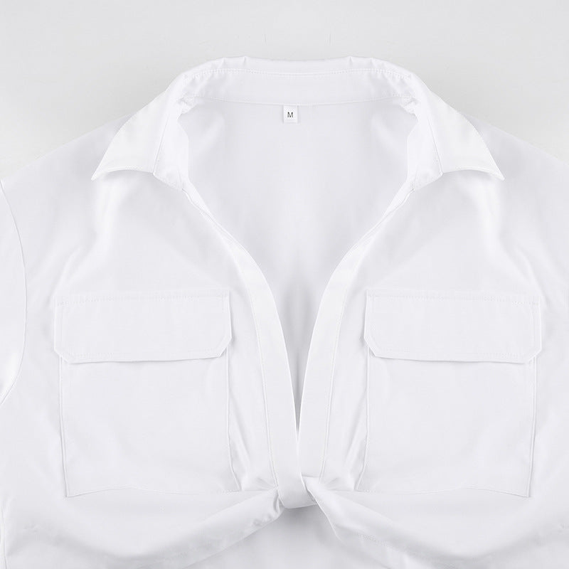 WomenSexy Knot Solid Polo Collar Crop Shirt 16