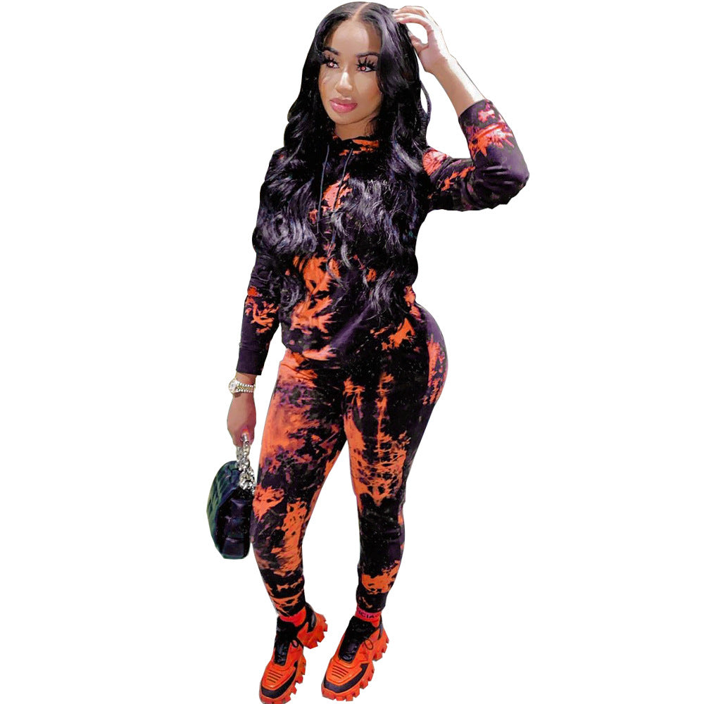 Women Fall/Winter Tie-Dye Hooded Top and Pant Two-Piece Set 9