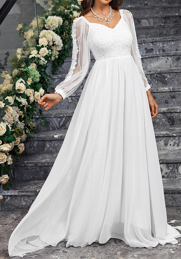 Solid Color Elegant V-Neck Slim Long-Sleeved Wedding Dress Tail Formal Party Gown 3