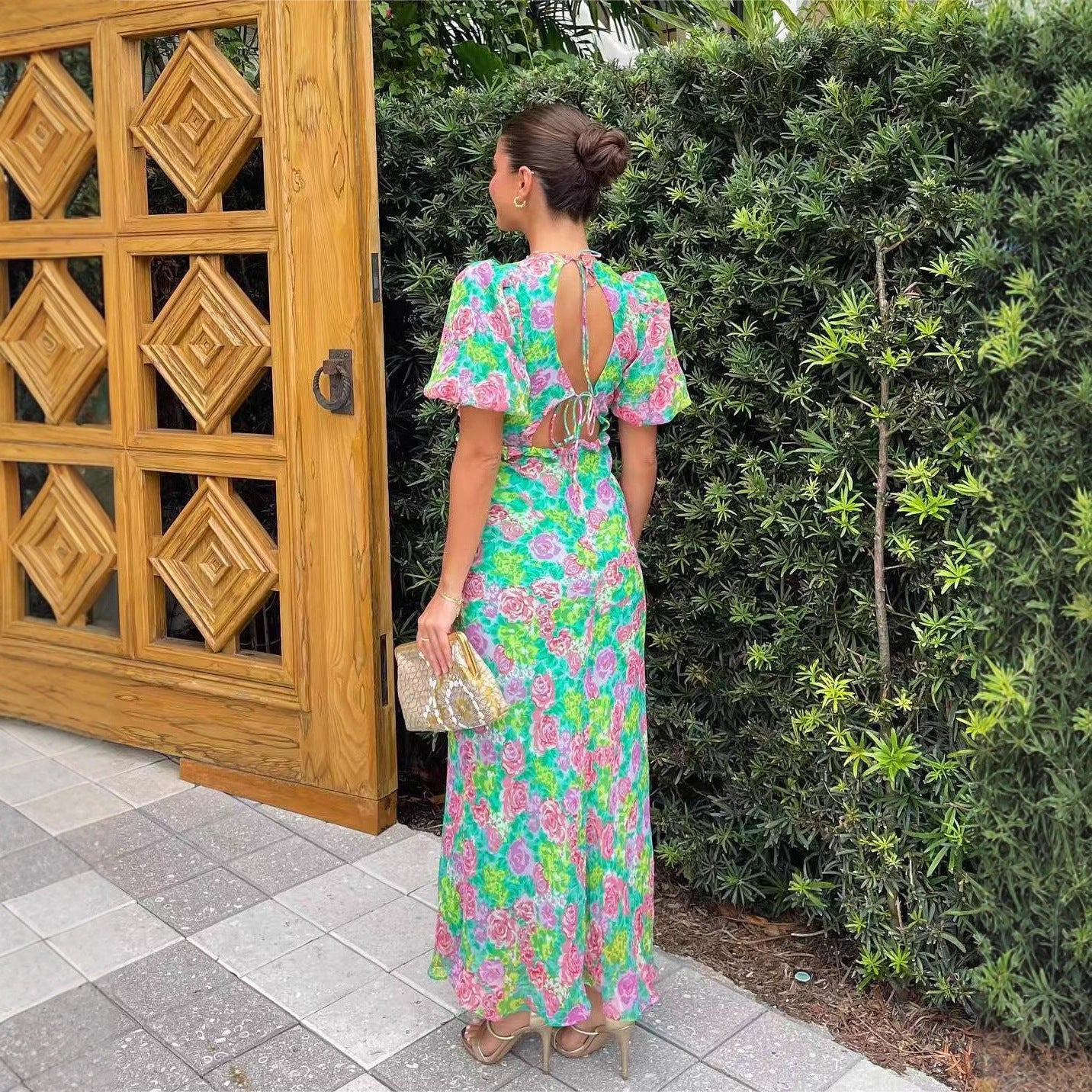 Summer Puff Sleeve V-Neck Print Dress 3