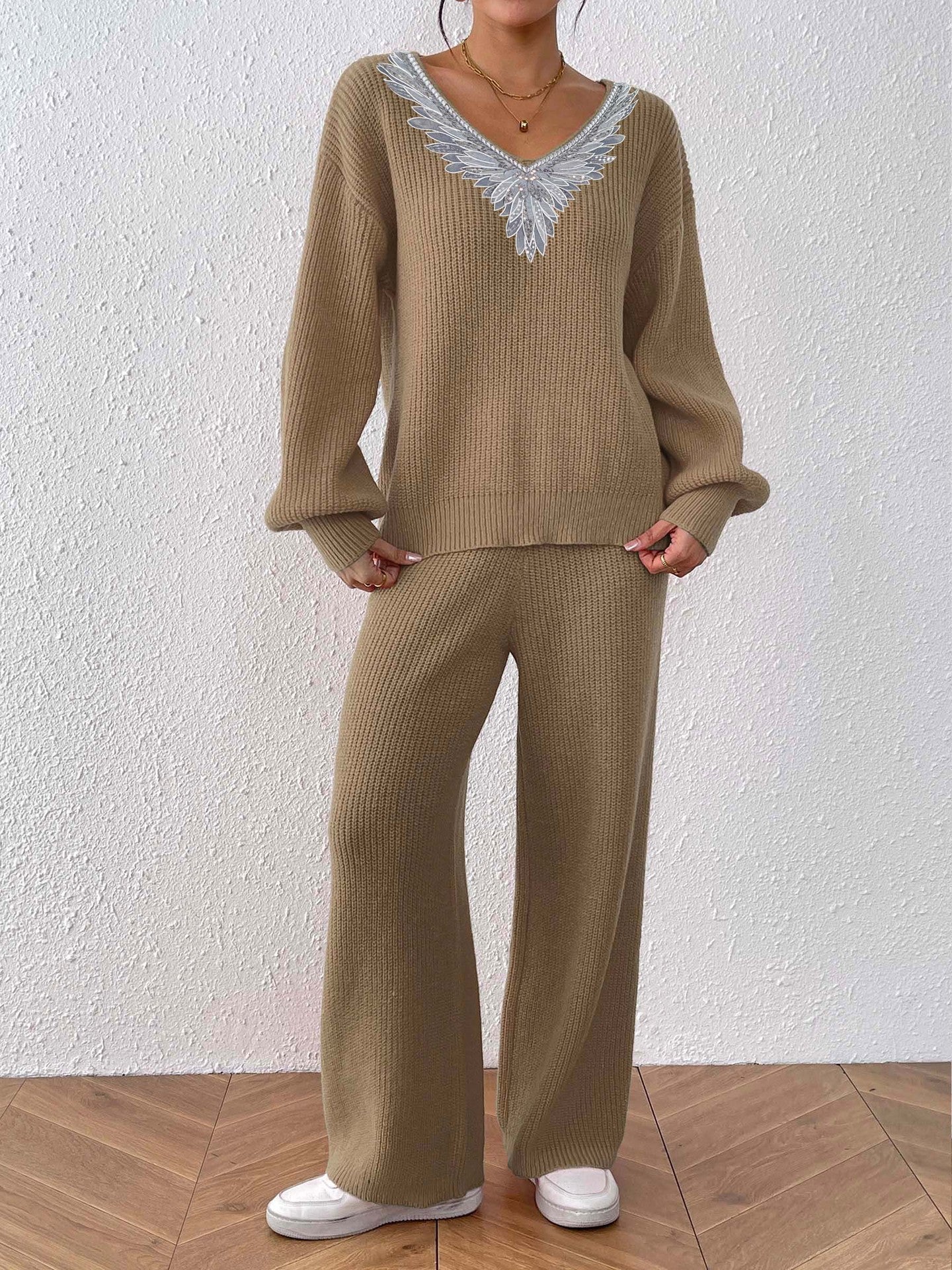 Women's Knitted V-Neck Loose Top & Solid Wide Leg Straight Pants Sweater Two-Piece Set 8