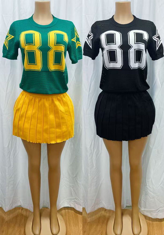 Women’s Casual Summer Knit Short-Sleeve T-shirt Pleated Skirt Two-Piece Set