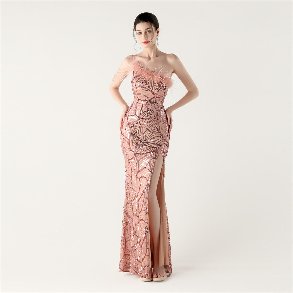 One-Shoulder Sequin Feather Low Back Slim Evening Dress 25