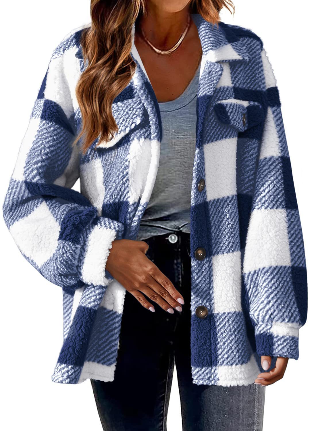 Women's Autumn And Winter Plaid Pockets Button Plush Jacket 4