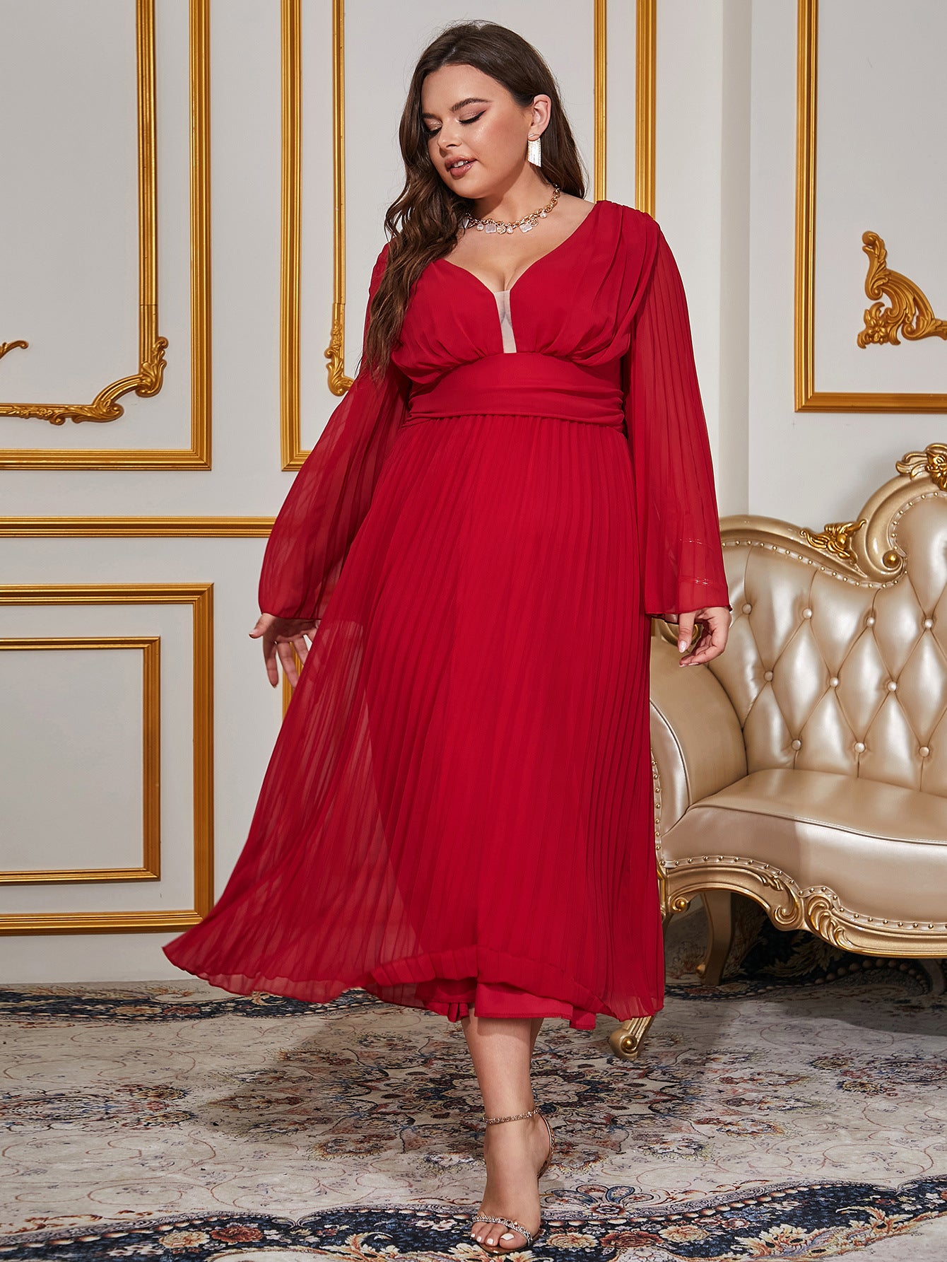 Plus Size Women Pleated V Neck Long Sleeve Chiffon Dress 4