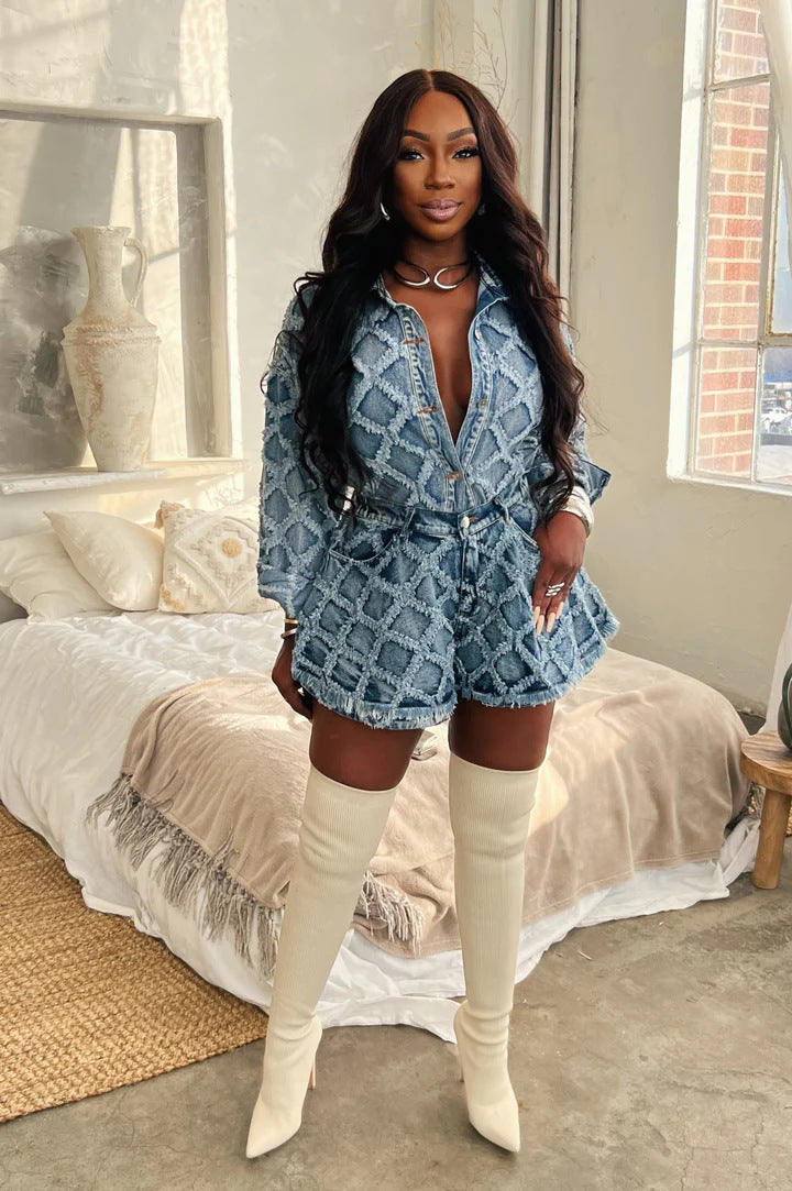 Women diamond raw edge hook flower washed cardigan Top and shorts two-piece set 5