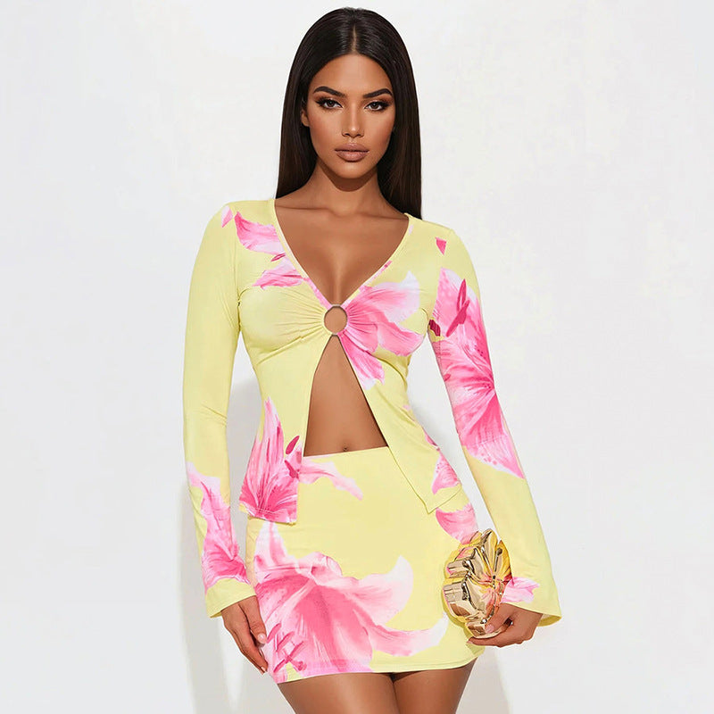 Women's Floral Print Long Sleeve Ring-Detail Slit Top & Tight-Fitting Skirt Two-Piece Set 3